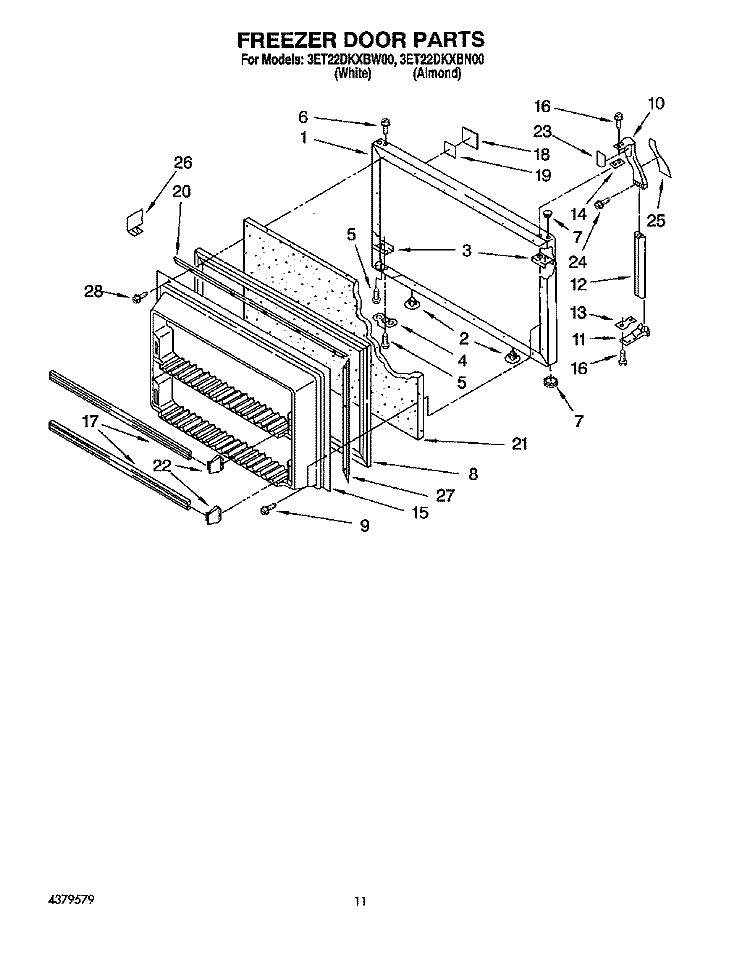 FREEZER DOOR Diagram and Parts List for 3ET22DKXBW00  Whirlpool Refrigerator