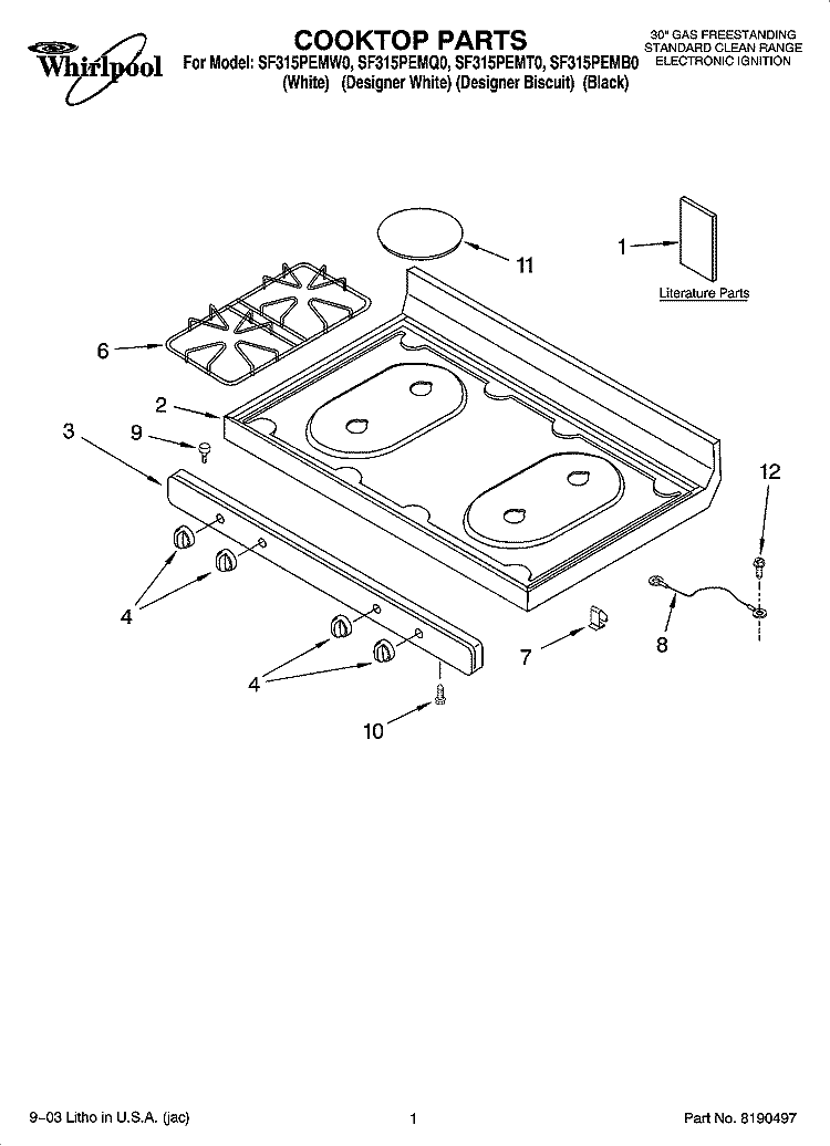 COOKTOP PARTS Diagram and Parts List for SF315PEMT0  Whirlpool Range