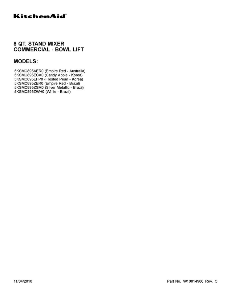 Cover Sheet Diagram and Parts List for 5KSMC895ZSM0  KitchenAid Mixer