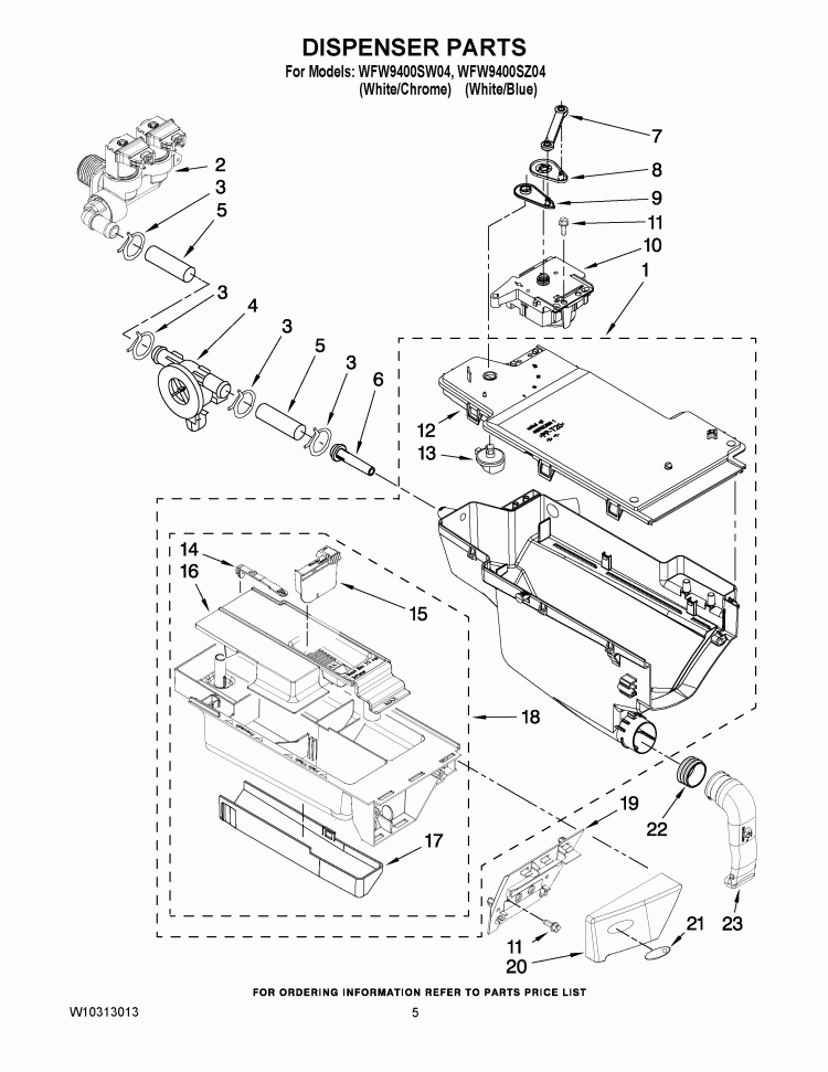 DISPENSER PARTS Diagram and Parts List for WFW9400SW04  Whirlpool Washer