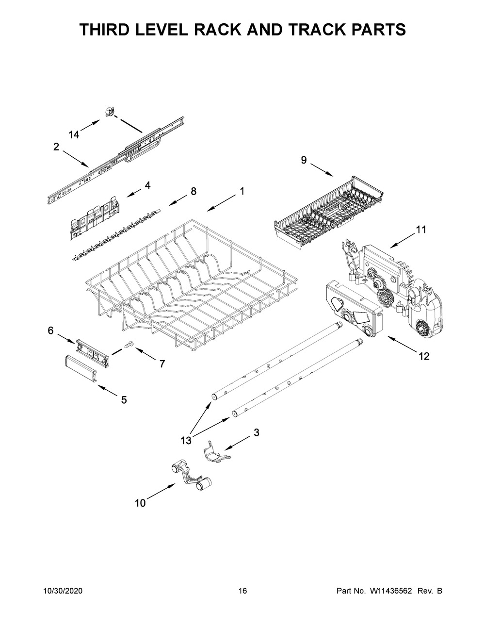Third Level Rack And Track Parts Diagram and Parts List for KDTM704KPS0  Whirlpool Dishwasher