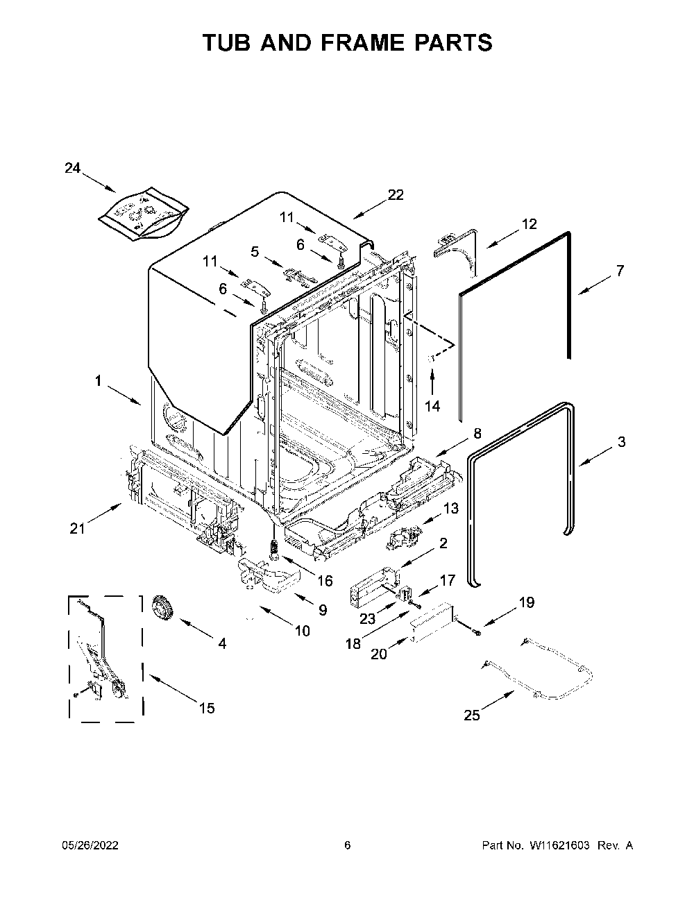Tub And Frame Parts Diagram and Parts List for KDPM704KPS1  KitchenAid Dishwasher