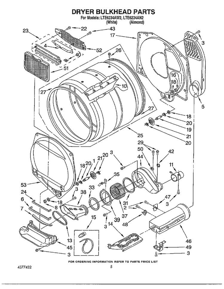 Dryer Bulkhead Parts Diagram and Parts List for LTE6243AN2  Whirlpool Washer Dryer Combo