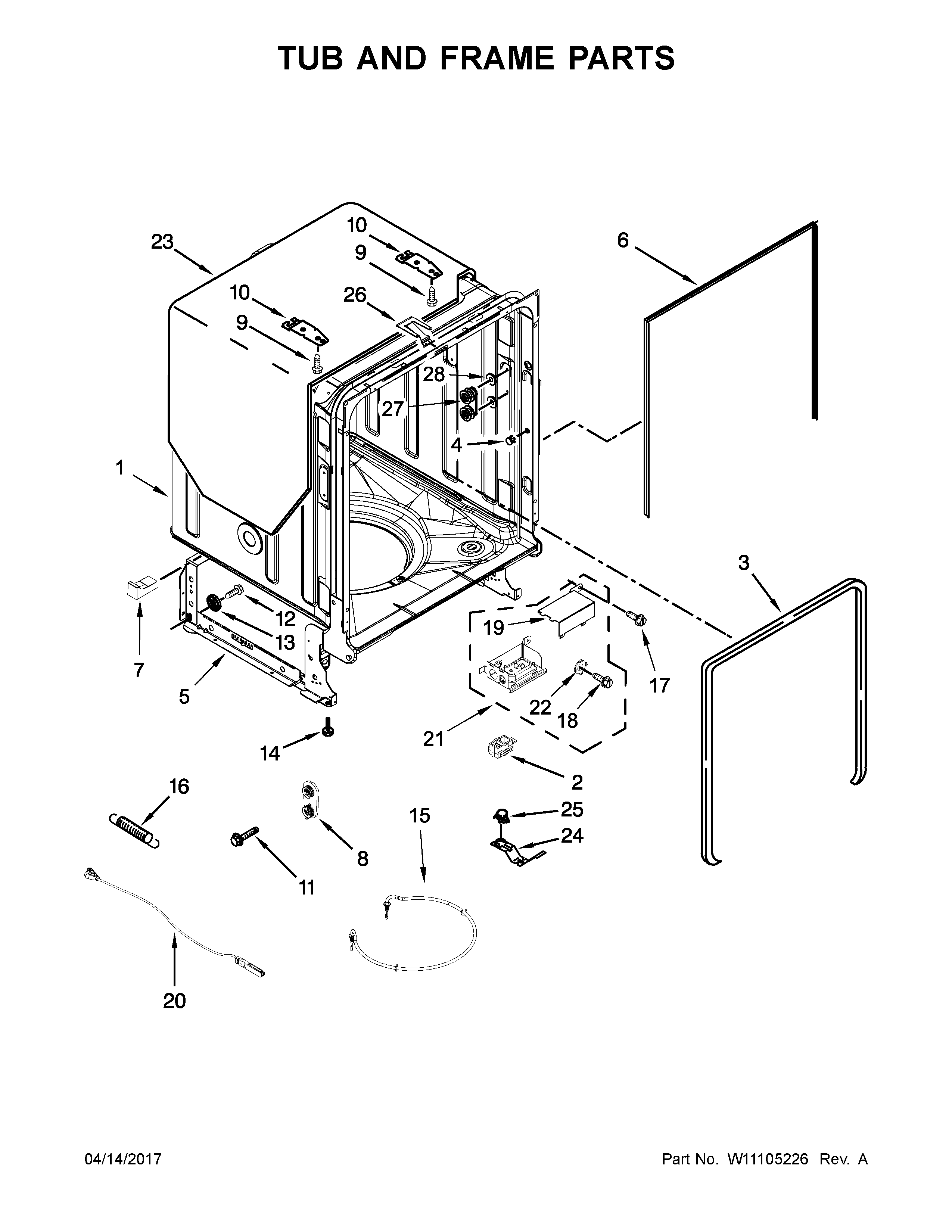 Tub And Frame Parts Diagram and Parts List for 66514563N611  Kenmore Dishwasher
