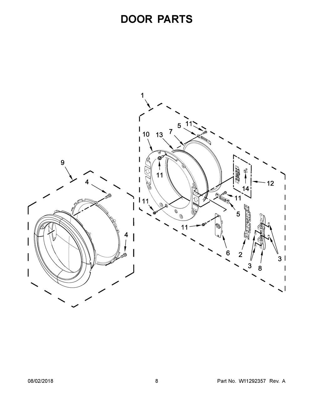 Door Parts Diagram and Parts List for WED7505FW0  Whirlpool Dryer