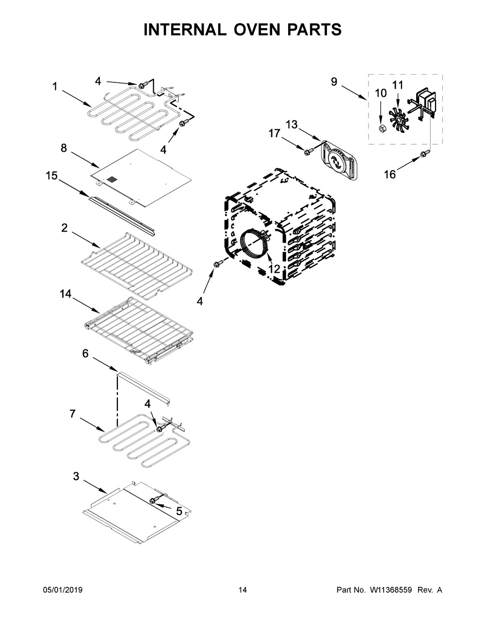 Internal Oven Parts Diagram and Parts List for KOCE500EBL09  Whirlpool Microwave Oven Combo