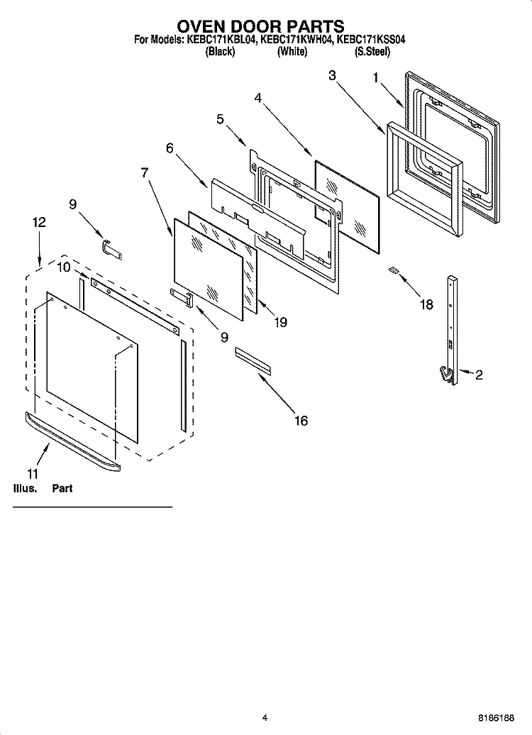 OVEN DOOR PARTS Diagram and Parts List for KEBC171KSS04  KitchenAid Wall Oven