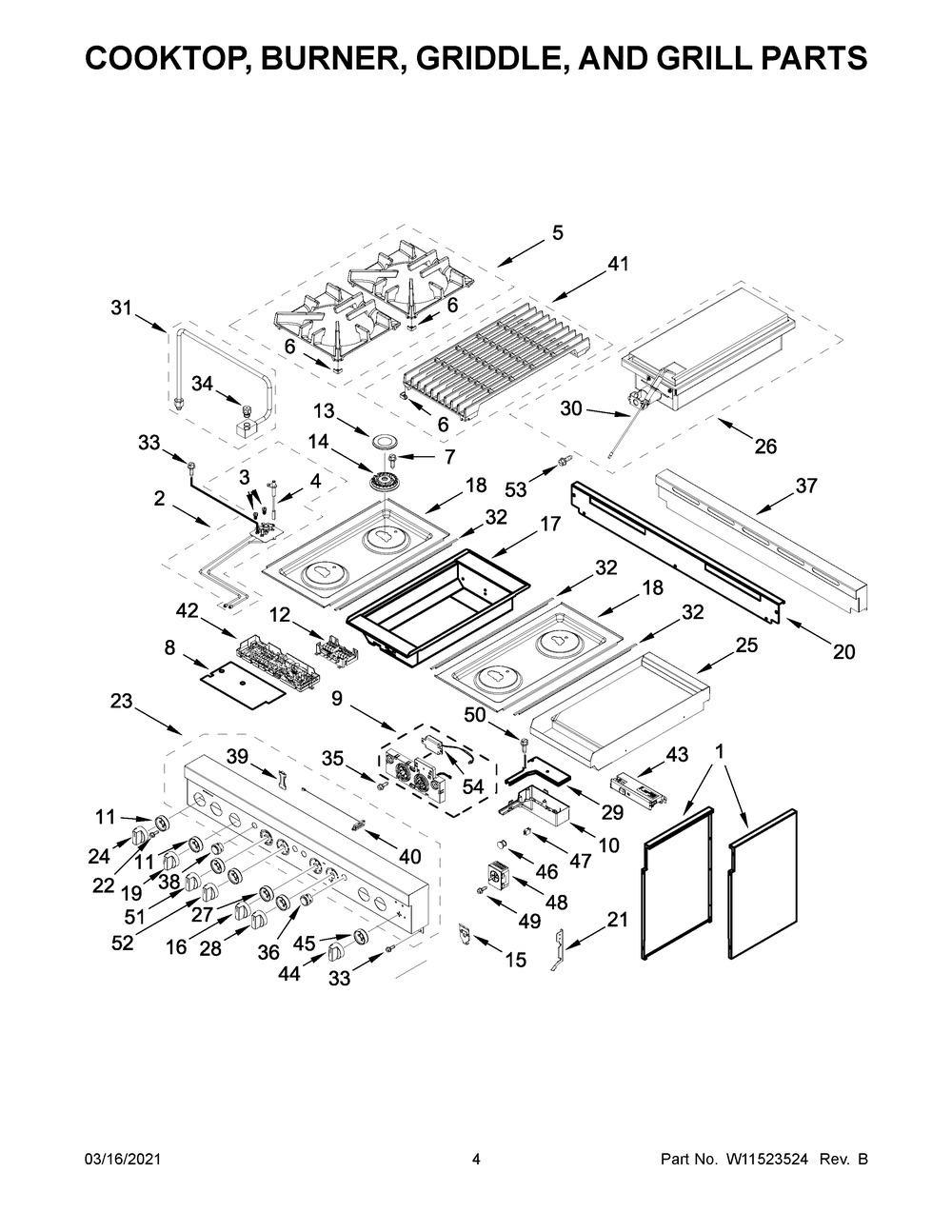 Cooktop, Burner, Griddle, And Grill Parts Diagram and Parts List for JGRP748HL01  Whirlpool Range