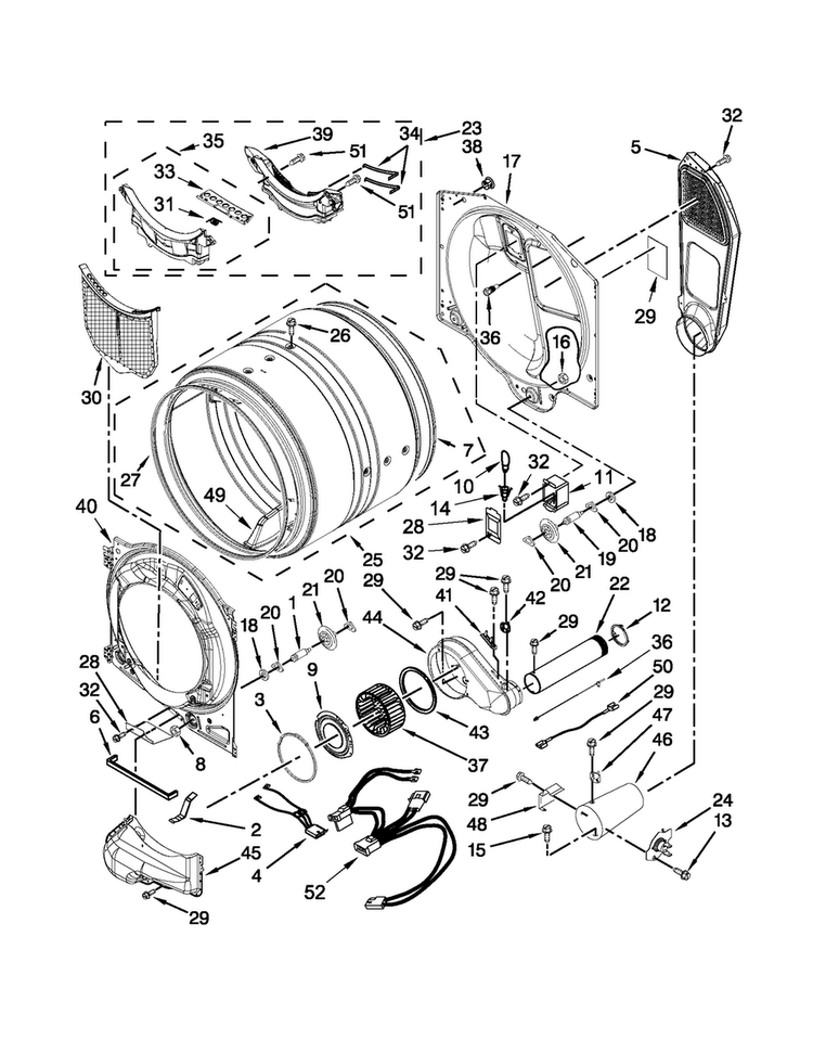 Bulkhead Parts Diagram and Parts List for WGD80HEBW1  Whirlpool Dryer