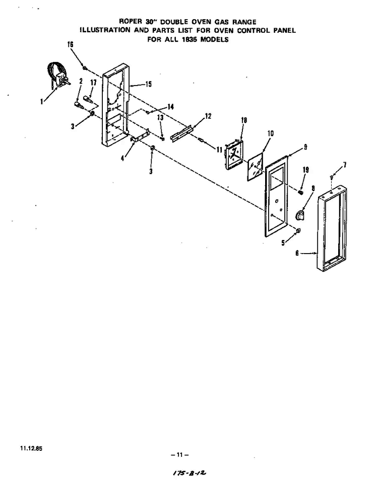 Oven Control Panel Diagram and Parts List for 1835*1A  Roper Range