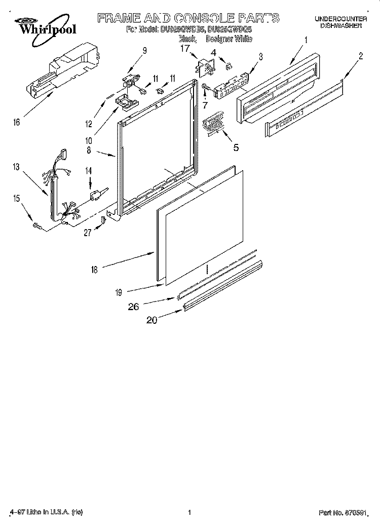 FRAME AND CONSOLE Diagram and Parts List for DU925QWDQ5  Whirlpool Dishwasher