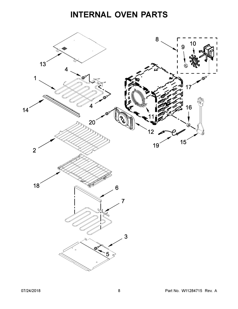 Internal Oven Parts Diagram and Parts List for KOSE507EBL04  Whirlpool Wall Oven