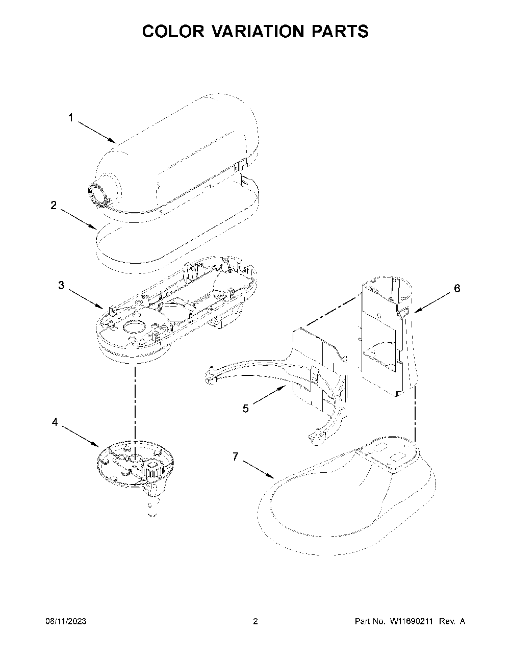 Color Variation Parts Diagram and Parts List for 5KSM60SPXCWH0  KitchenAid Mixer