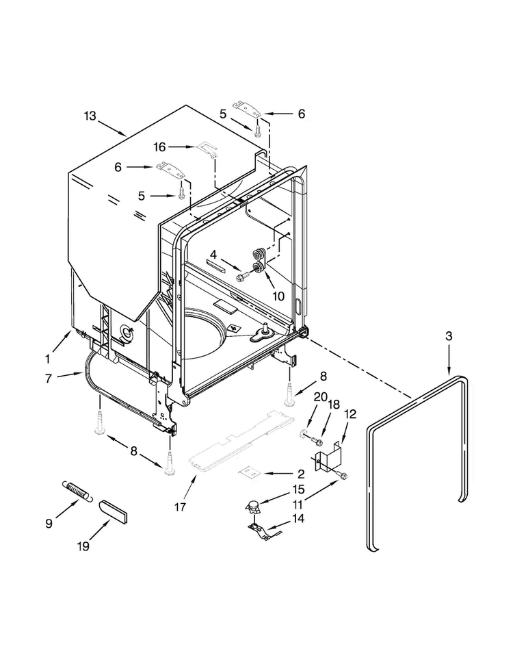 Tub And Frame Parts Diagram and Parts List for WDF520PADM5  Whirlpool Dishwasher