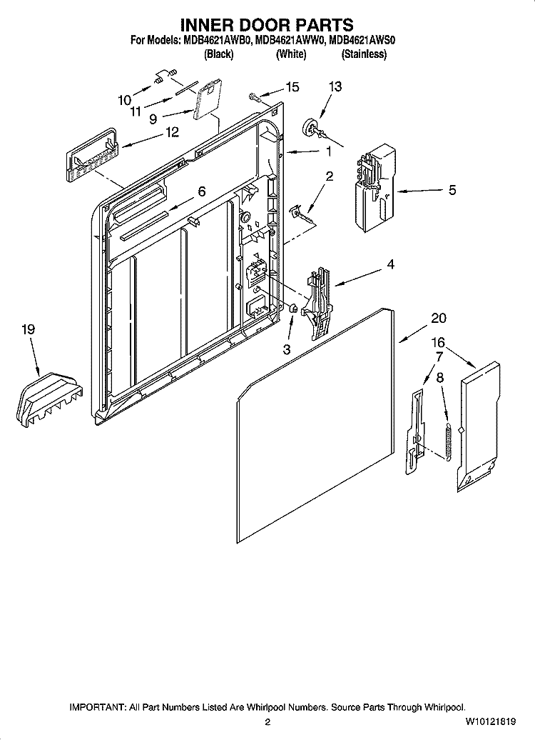 INNER DOOR PARTS Diagram and Parts List for MDB4621AWS0  Whirlpool Dishwasher