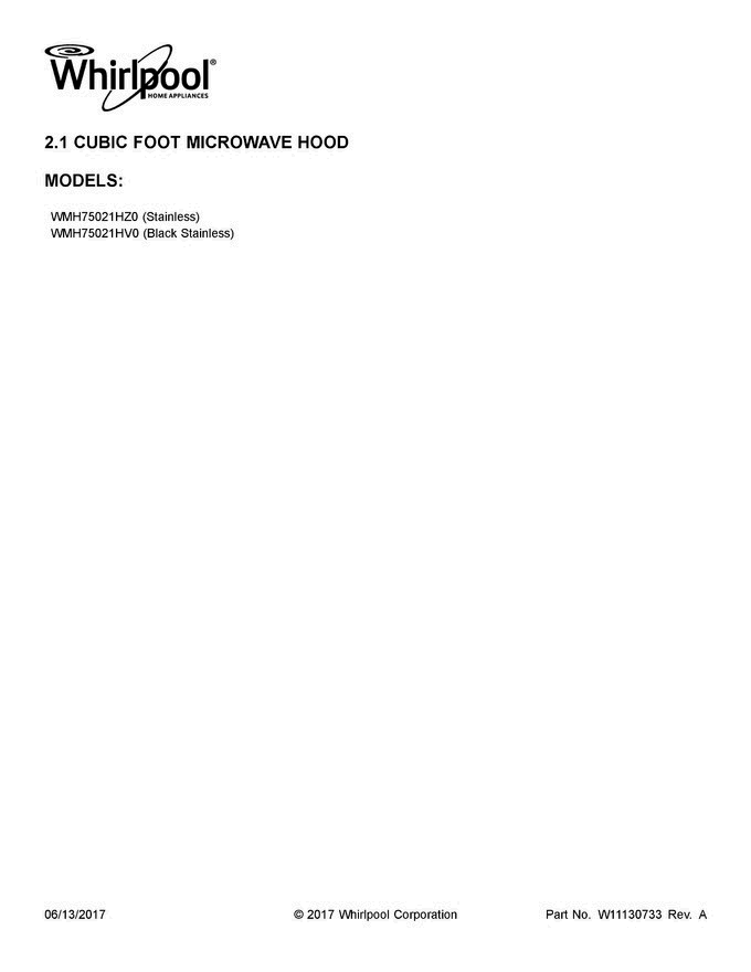 01 - Cover Sheet Diagram and Parts List for WMH75021HV0  Whirlpool Microwave Oven Combo