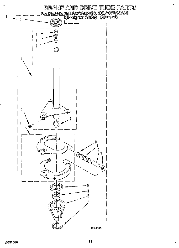 BRAKE AND DRIVE TUBE Diagram and Parts List for 3XLA87W92AQ0  Whirlpool Washer