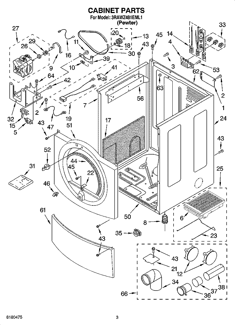 CABINET PARTS Diagram and Parts List for 3RAWZ481EML1  Whirlpool Dryer