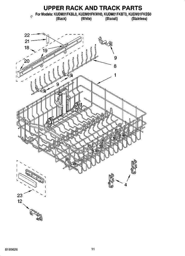 UPPER RACK AND TRACK PARTS Diagram and Parts List for KUDM01FKSS0  KitchenAid Dishwasher