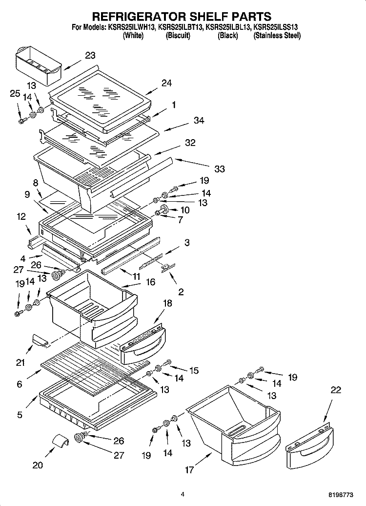 REFRIGERATOR SHELF PARTS Diagram and Parts List for KSRS25ILWH13  KitchenAid Refrigerator