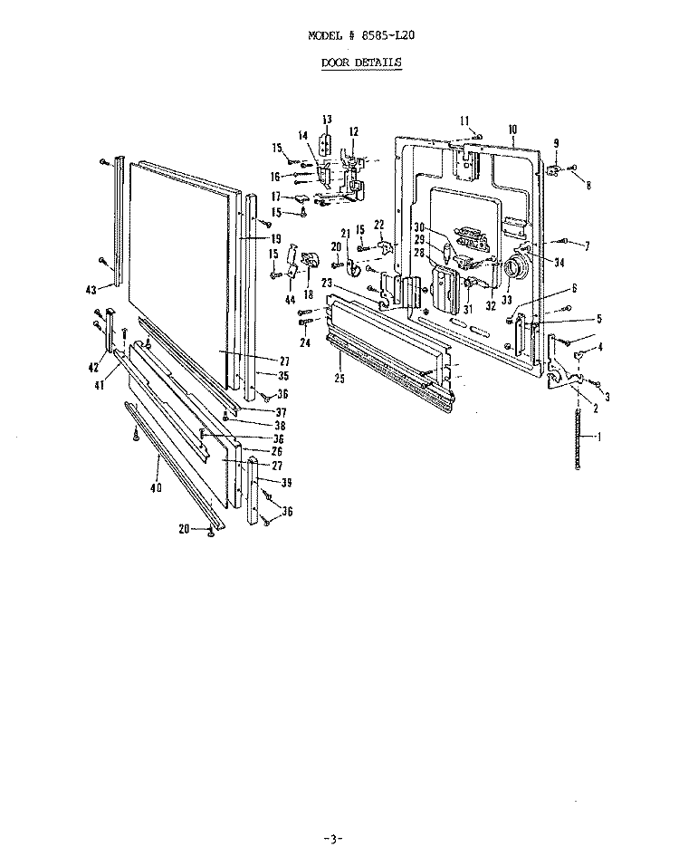 DOOR Diagram and Parts List for 8585L20  Roper Dishwasher