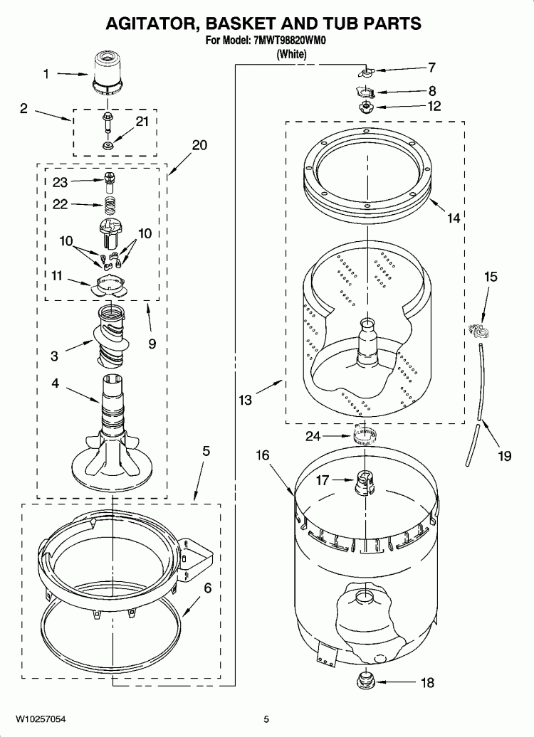 AGITATOR, BASKET AND TUB PARTS Diagram and Parts List for 7MWT98820WM0  Whirlpool Washer