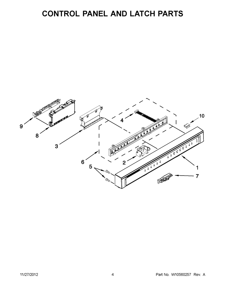 CONTROL PANEL AND LATCH PARTS Diagram and Parts List for WDF530PAYB4  Whirlpool Dishwasher