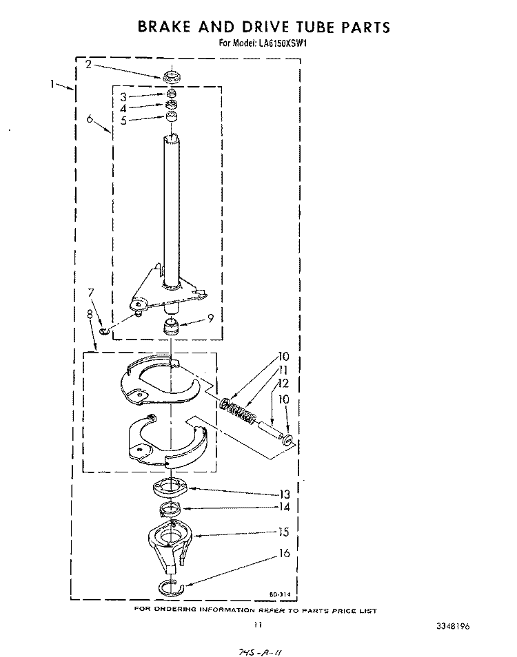 BRAKE AND DRIVE TUBE Diagram and Parts List for LA6150XSW1  Whirlpool Washer