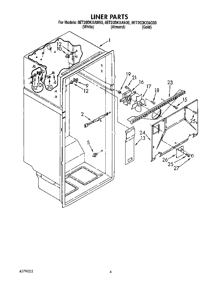 LINER Diagram and Parts List for 8ET20DKXAN00  Whirlpool Refrigerator