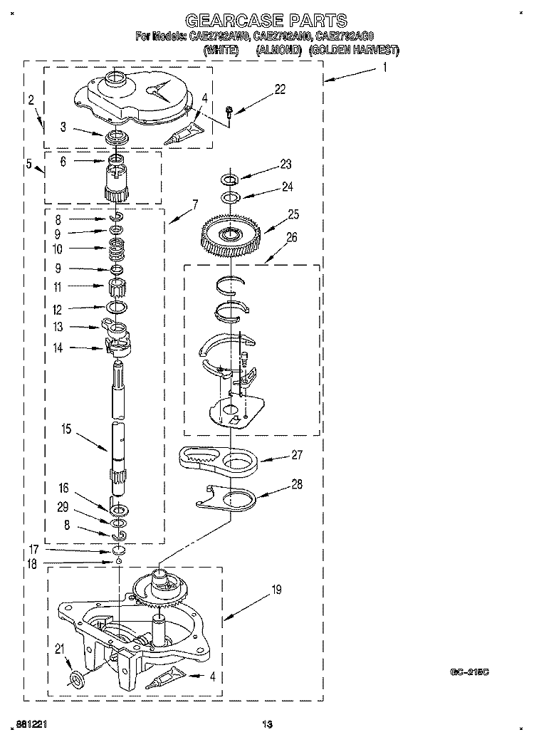 GEARCASE Diagram and Parts List for CAE2792AG0  Whirlpool Washer