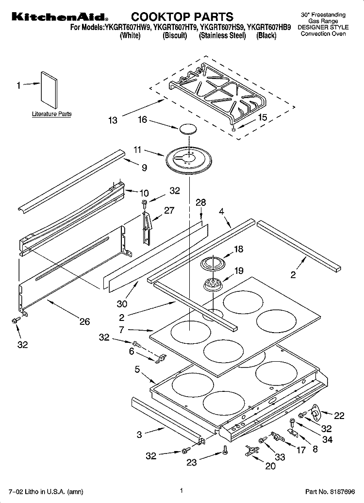 COOKTOP PARTS Diagram and Parts List for YKGRT607HT9  KitchenAid Range