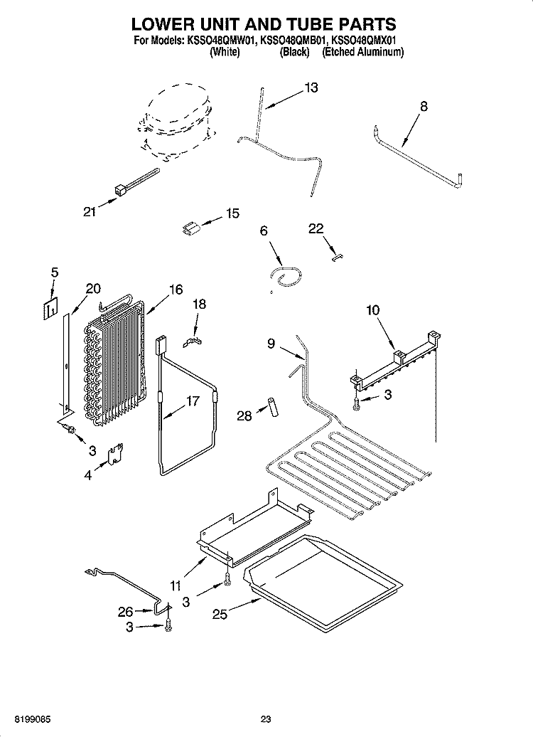LOWER UNIT AND TUBE PARTS Diagram and Parts List for KSSO48QMX01  KitchenAid Refrigerator