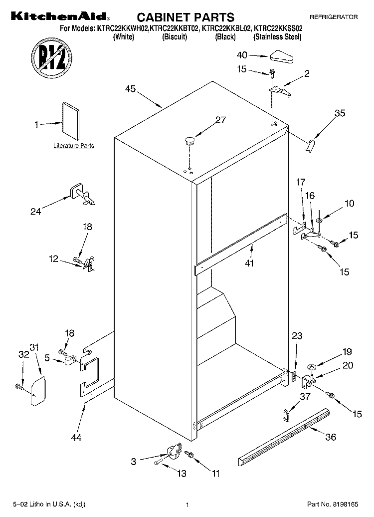 CABINET, LITERATURE Diagram and Parts List for KTRC22KKBL02  KitchenAid Refrigerator