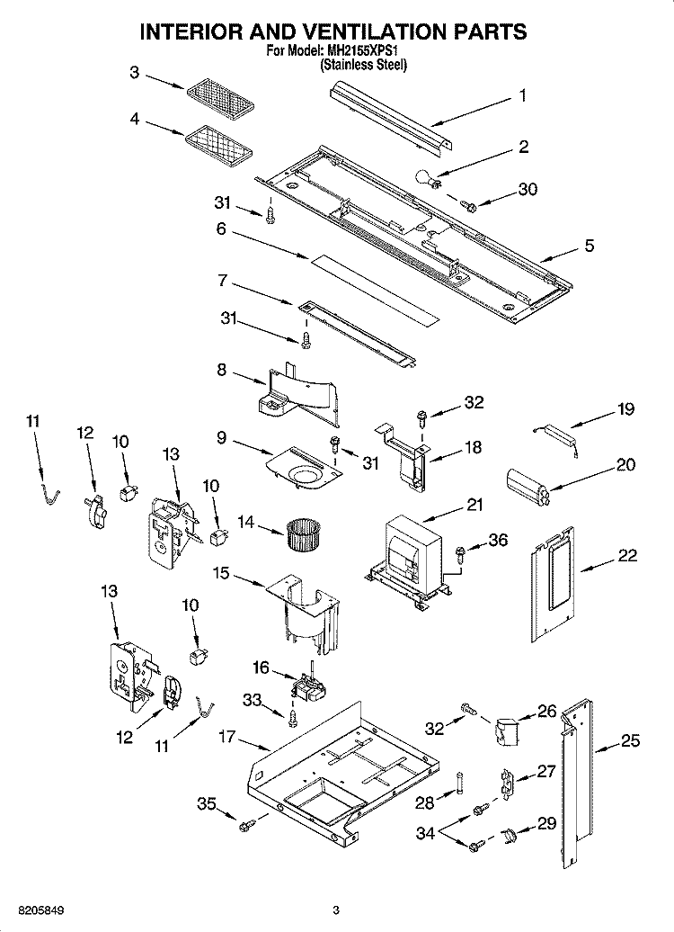 INTERIOR AND VENTILATION PARTS Diagram and Parts List for MH2155XPS1  Whirlpool Microwave