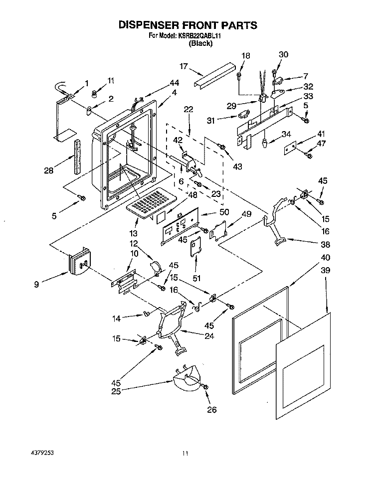 DISPENSER FRONT Diagram and Parts List for KSRB22QABL11  KitchenAid Refrigerator