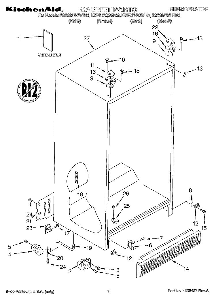 CABINET, LITERATURE Diagram and Parts List for KSRS27QGBT03  KitchenAid Refrigerator