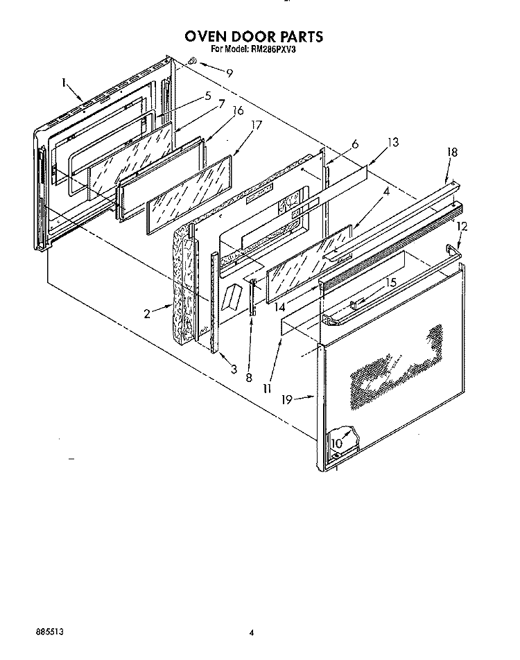OVEN DOOR Diagram and Parts List for RM286PXV3  Whirlpool Microwave Oven Combo