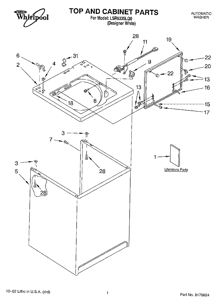 TOP AND CABINET, LITERATURE Diagram and Parts List for LSR6335LQ0  Whirlpool Washer