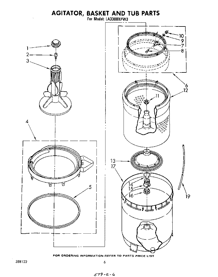 AGITATOR, BASKET AND TUB Diagram and Parts List for LA3300XPW3  Whirlpool Washer