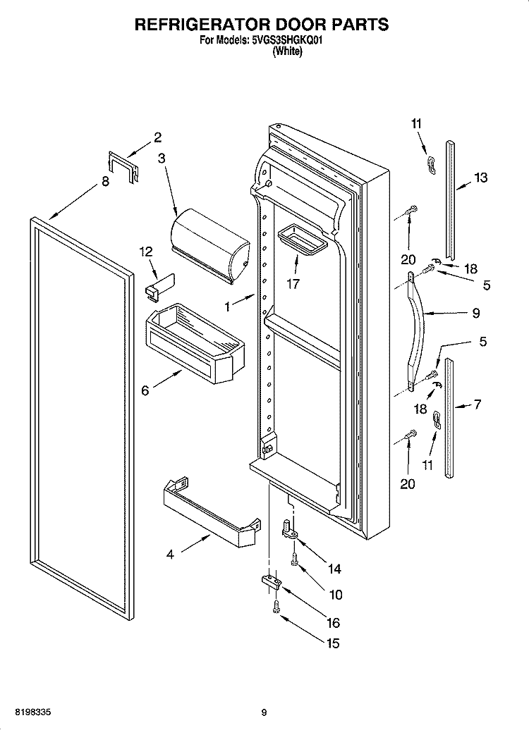 REFRIGERATOR DOOR PARTS Diagram and Parts List for 5VGS3SHGKQ01  Whirlpool Refrigerator