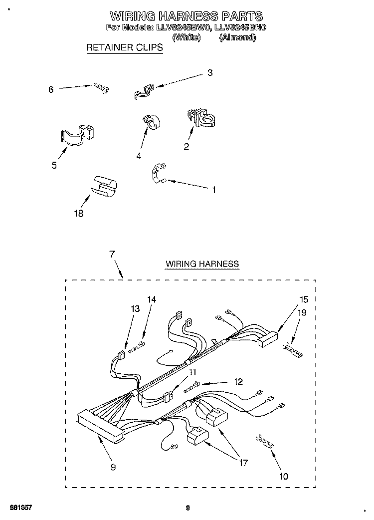 WIRING HARNESS Diagram and Parts List for LLV8245BW0  Whirlpool Washer