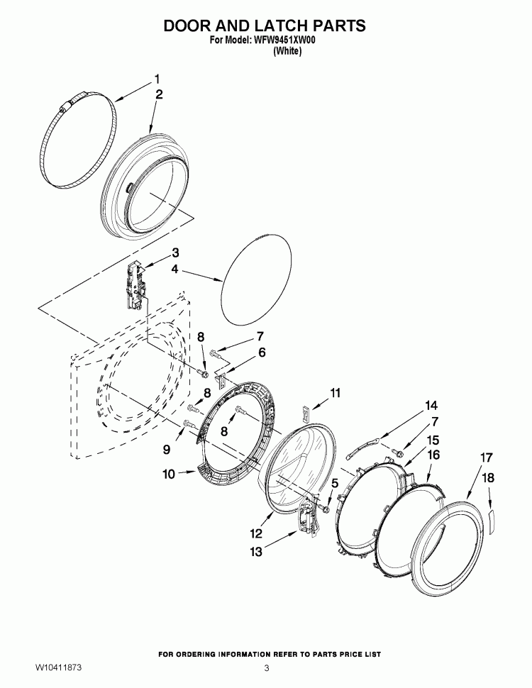 DOOR AND LATCH PARTS Diagram and Parts List for WFW9451XW00  Whirlpool Washer