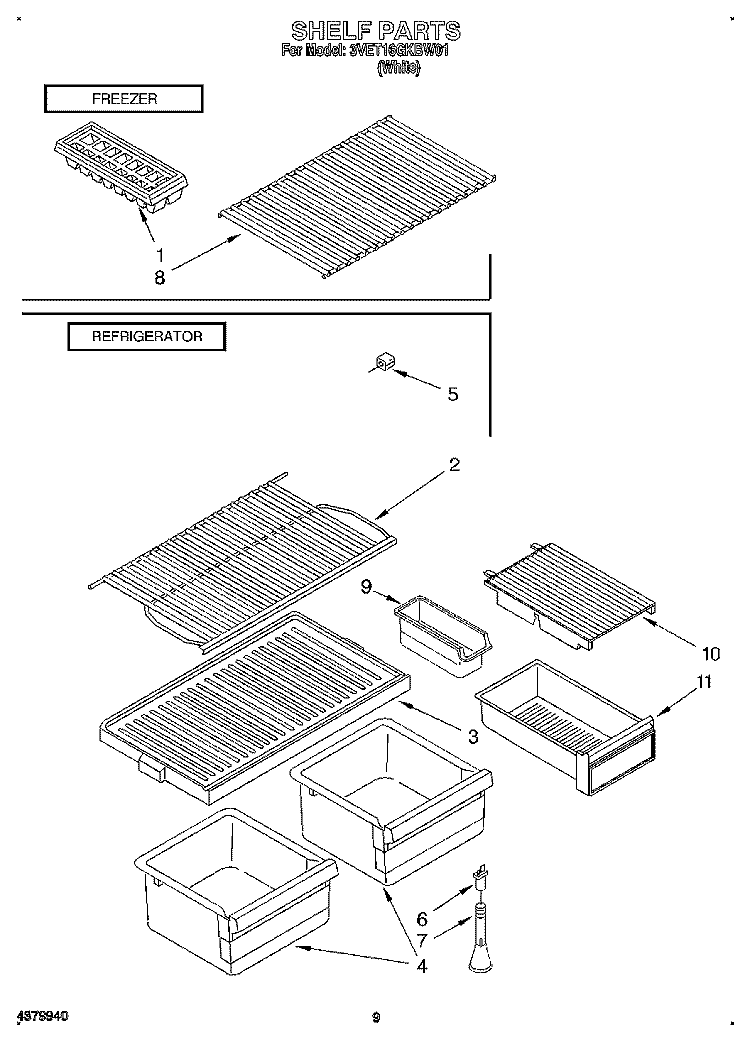 SHELF Diagram and Parts List for 3VET16GKBW01  Whirlpool Refrigerator