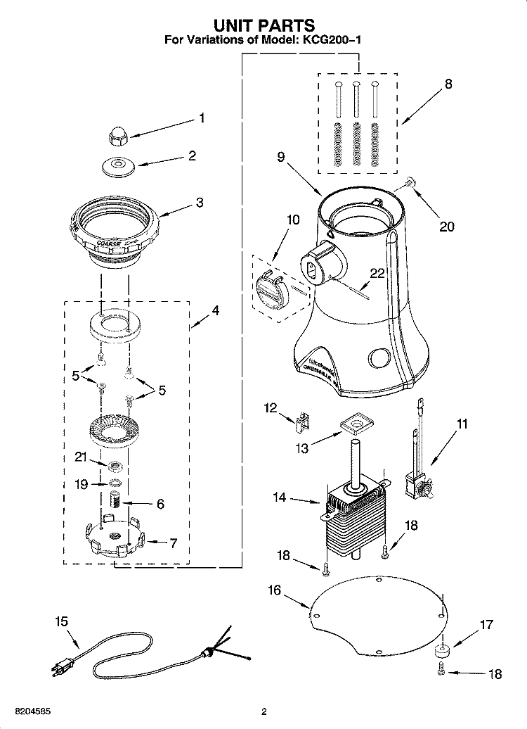 UNIT PARTS Diagram and Parts List for KCG200-1  KitchenAid Coffee Grinder