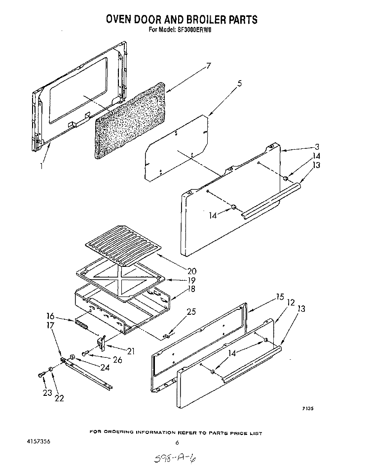 OVEN DOOR AND BROILER Diagram and Parts List for SF3000ERW0  Whirlpool Range