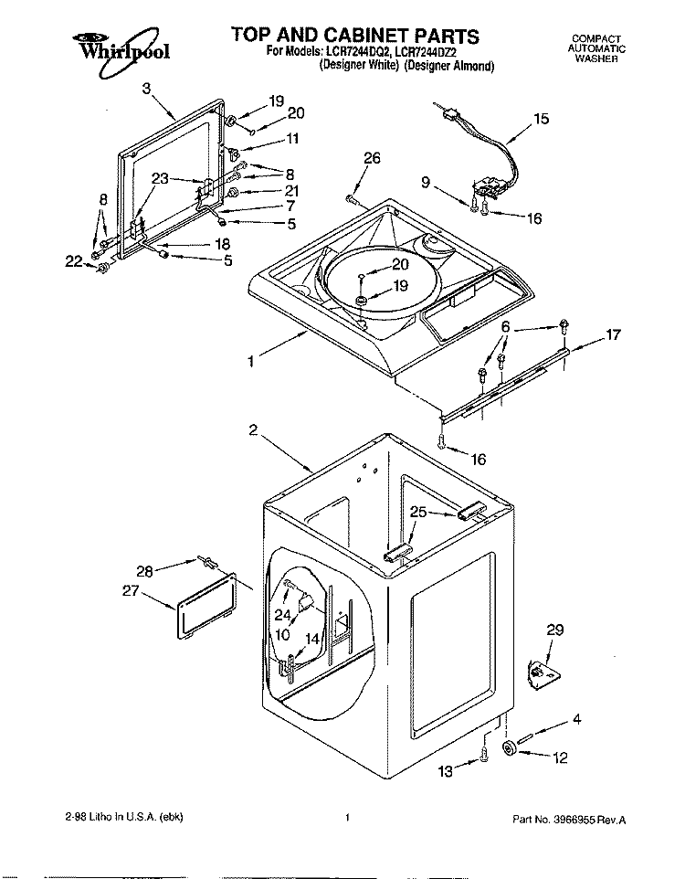 TOP AND CABINET Diagram and Parts List for LCR7244DQ2  Whirlpool Washer
