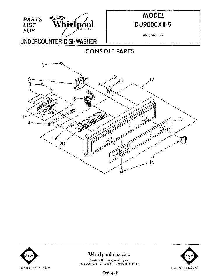 CONSOLE Diagram and Parts List for DU9000XR9  Whirlpool Dishwasher
