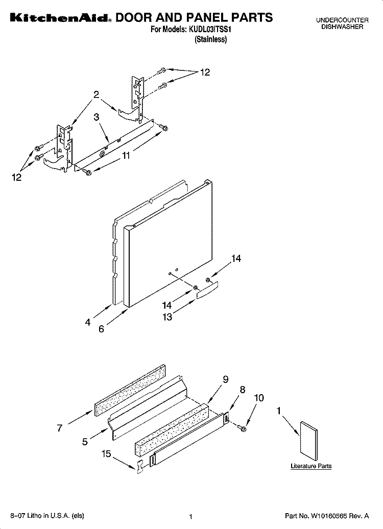 DOOR AND PANEL PARTS Diagram and Parts List for KUDL03ITSS1  KitchenAid Dishwasher