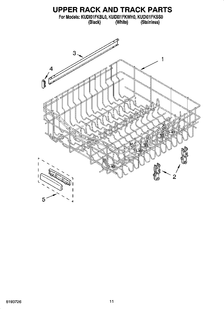 UPPER RACK AND TRACK PARTS Diagram and Parts List for KUDI01FKBL0  KitchenAid Dishwasher