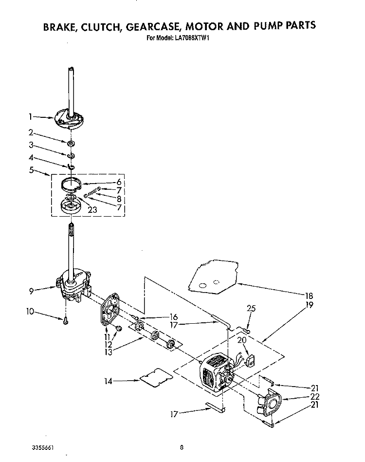 BRAKE, CLUTCH, GEARCASE, MOTOR AND PUMP Diagram and Parts List for LA7088XTF1  Whirlpool Washer